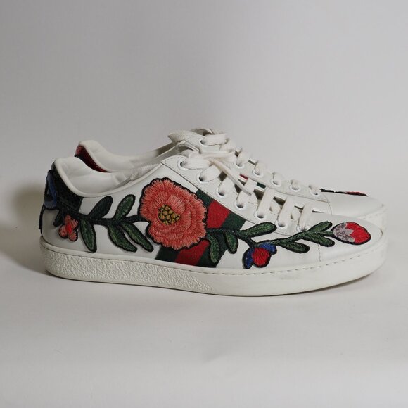 Gucci White Floral Embroidered Leather Ace Sneakers - Pre-Owned (Size 5.5) - Picture 1 of 11